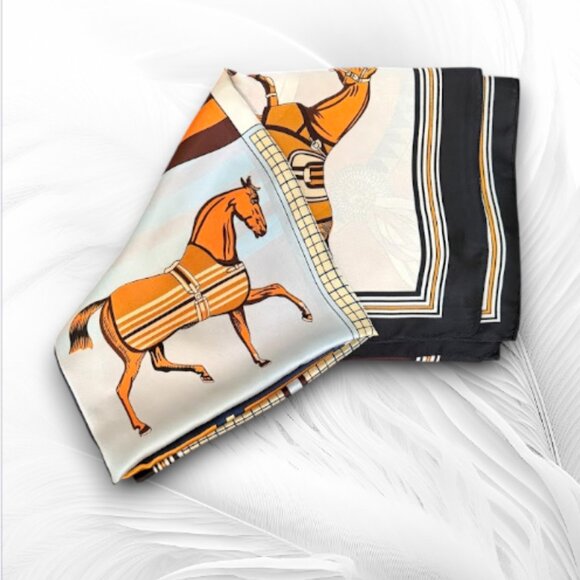Silk-Feeling Equestrian Print Scarf, Large Square Horse Pattern Shawl - Picture 5 of 6